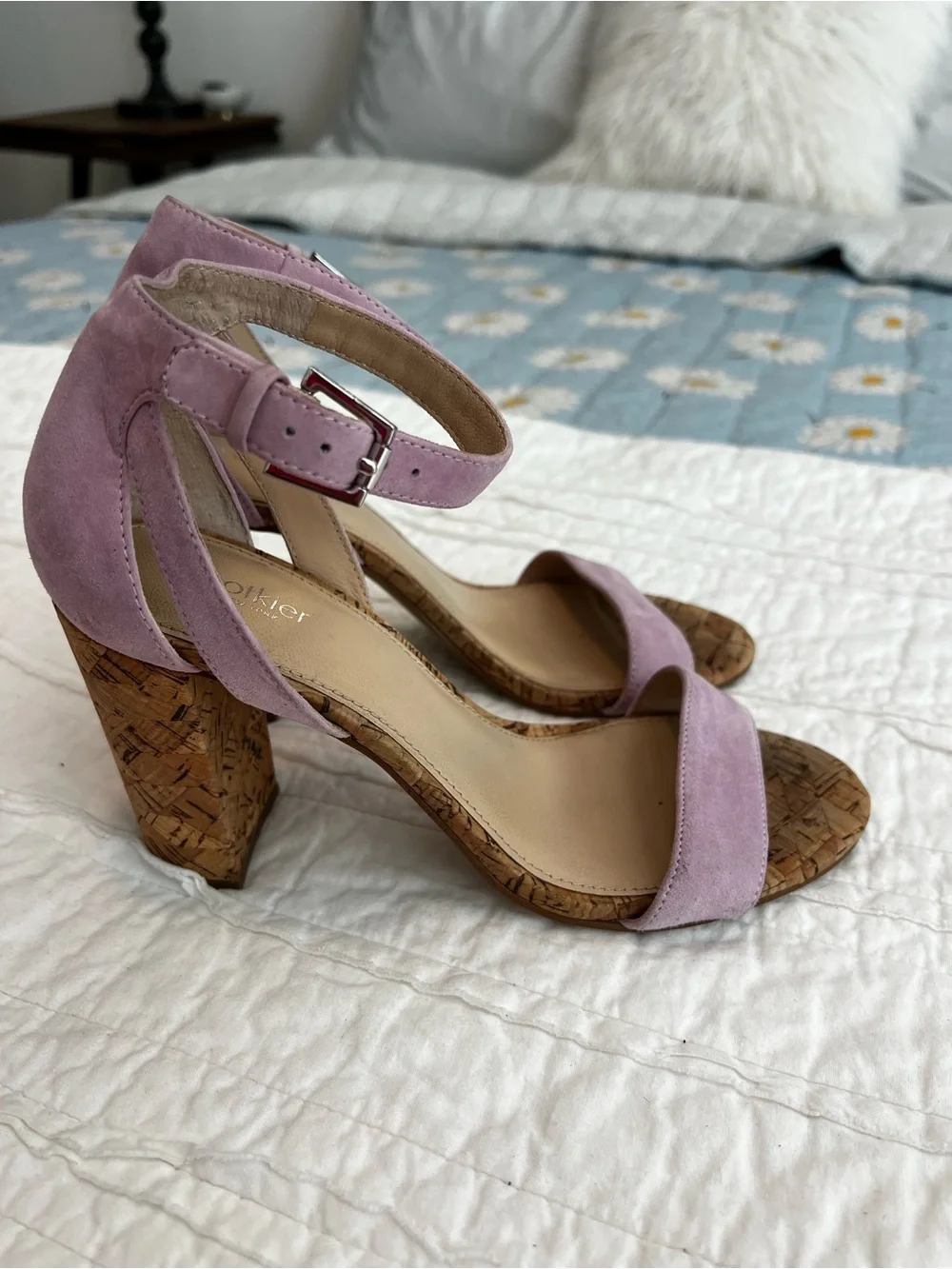 Anthropologie Botkier Gianna Ankle-Strap Suede Cork Heel Sandals Lilac Size 7.5
